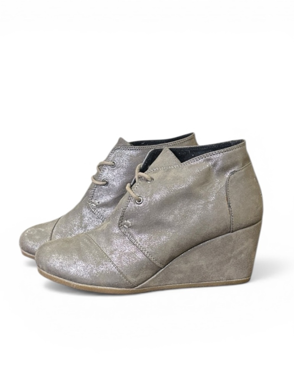 TOMS Women’s Desert Wedge Lace-Up Booties in Metallic Gray Taupe Size 9